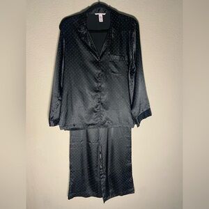 Victoria's Secret Black Satin Dew Drop Pajama Set Sz M Button up pants lounge